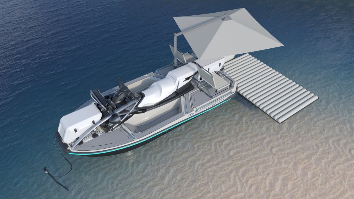 Yamaha Crosswave Sandbar with Umbrella, Splashpad and Chair Accessories Rendering | design by ROBRADY | Marine Design | International Design Award (IDA) winner | Spark Award winner